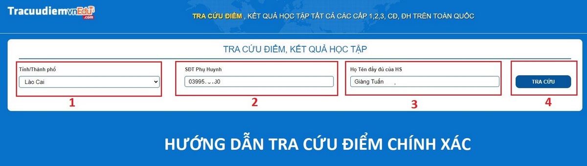 Cách nhập đầy đủ thông tin tra cứu của học sinh